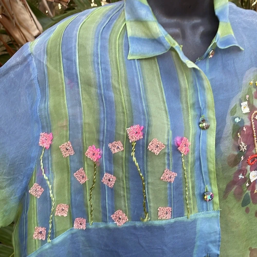 Sandy Starkman 100% silk batik and 3-D floral  sheer blouse or jacket